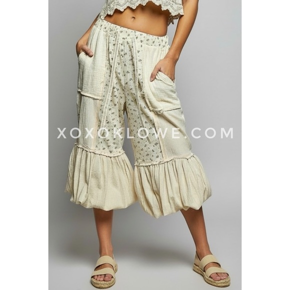 POL Natural Cream Convertible Joggers to Bloomers | Floral Patchwork Pants - Picture 6 of 10